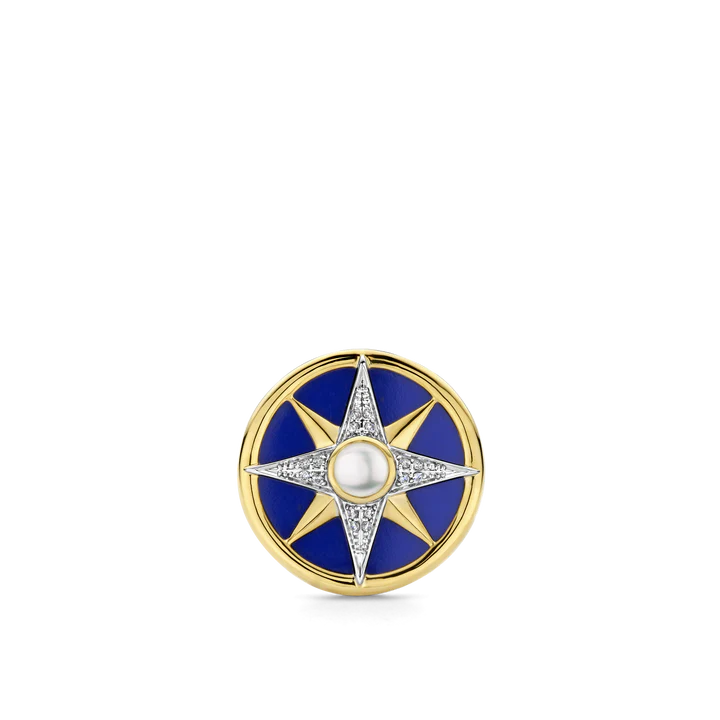 SILVER GOLD PALTED RING  MOTHER OF PEARL CENTER, YELLOW GOLD PLATING AND PAVE ON A LAPIS BLUE BACKDROP