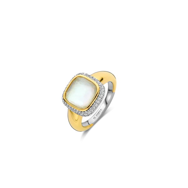 SILVER GOLD PLATED PAVE WITH LARGE MOTHER OF PEARL RING