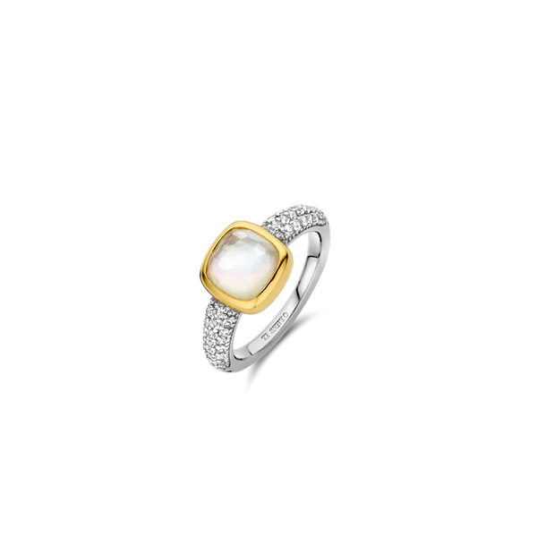 SILVER GOLD PLATED PAVE FLAUTS OF MOTHER OF PEARL RING