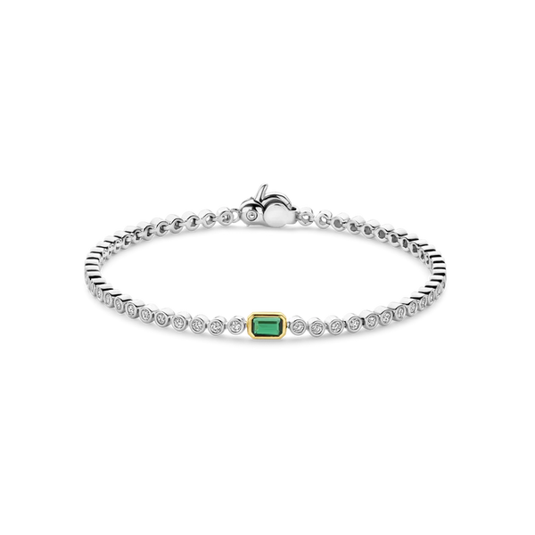 SILVER GOLD PLATED DAZZLING ROW OF ZIRCONIA STONE WITH EMERALD GREEN BAGUETTE-CUT BRACELET