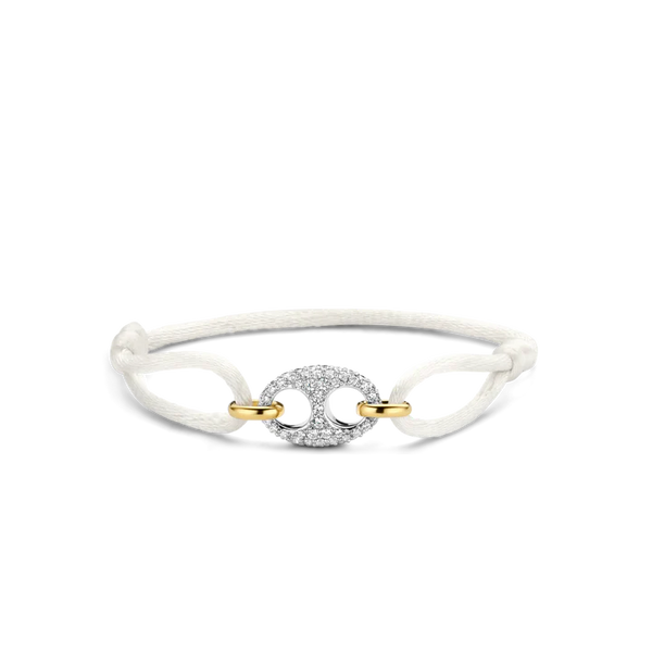 SILVER GOLD PLATED PAVE COFFEE BEAN SHAPE TWO TONE WHITE CORD BRACELET