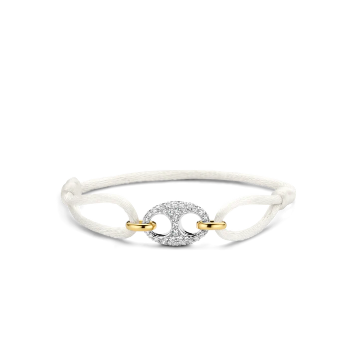 SILVER GOLD PLATED PAVE COFFEE BEAN SHAPE TWO TONE WHITE CORD BRACELET