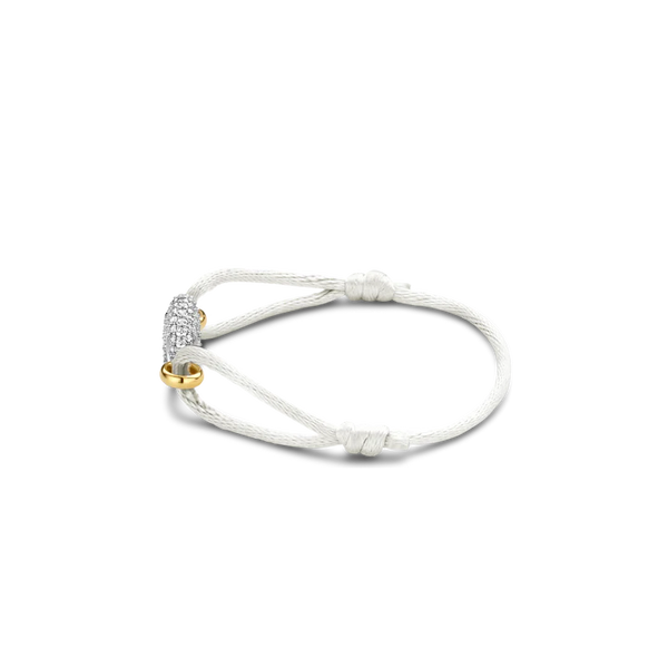 SILVER GOLD PLATED PAVE COFFEE BEAN SHAPE TWO TONE WHITE CORD BRACELET