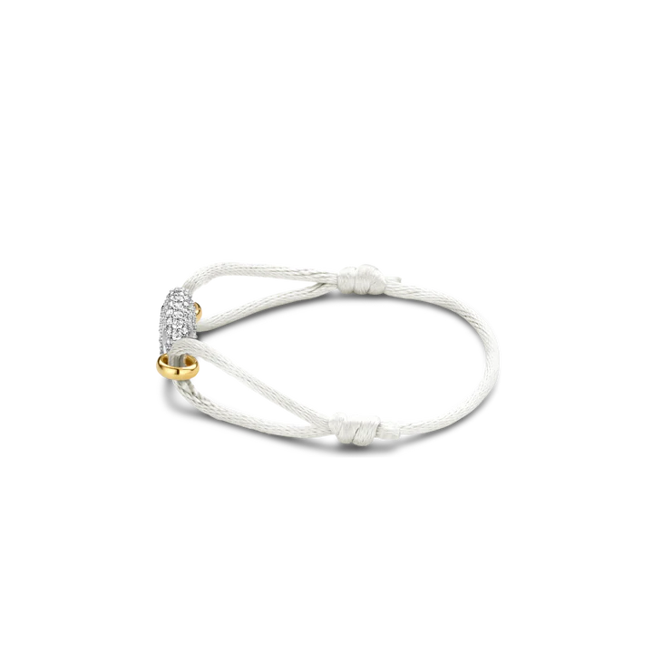 SILVER GOLD PLATED PAVE COFFEE BEAN SHAPE TWO TONE WHITE CORD BRACELET