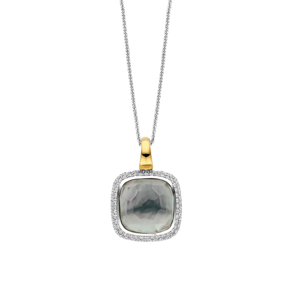 SILVER GOLD PLATED LIGHT GREY CUSHION SHAPE STONE WITH SHIMMERING MOTHER OF PEARL