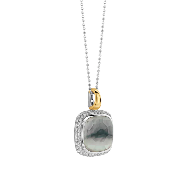 SILVER GOLD PLATED LIGHT GREY CUSHION SHAPE STONE WITH SHIMMERING MOTHER OF PEARL