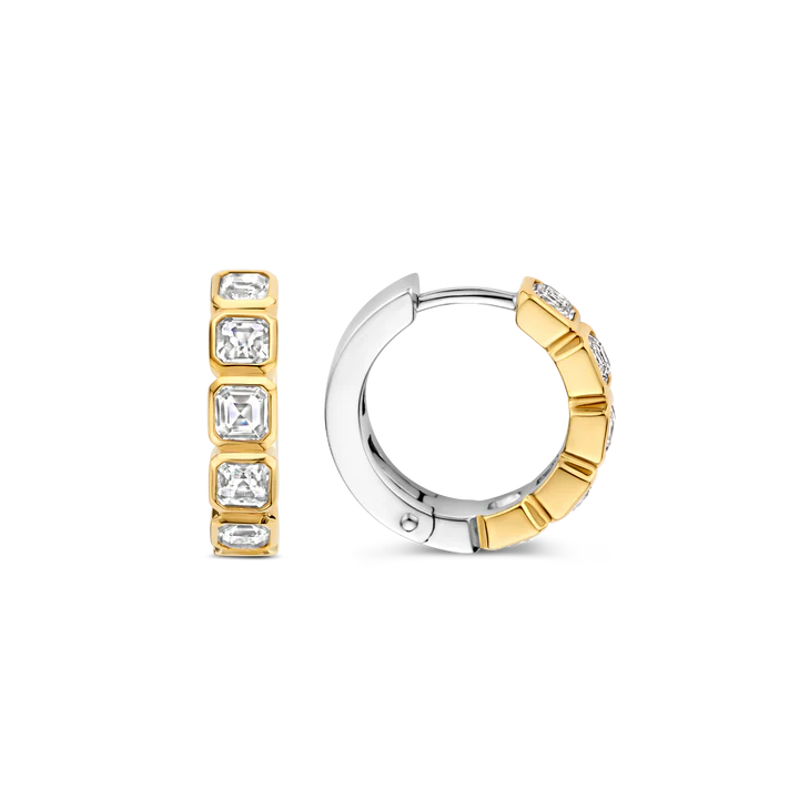 SILVER GOLD PLATED HOOP CUBIC ZIRCONIA STONE EARRINGS