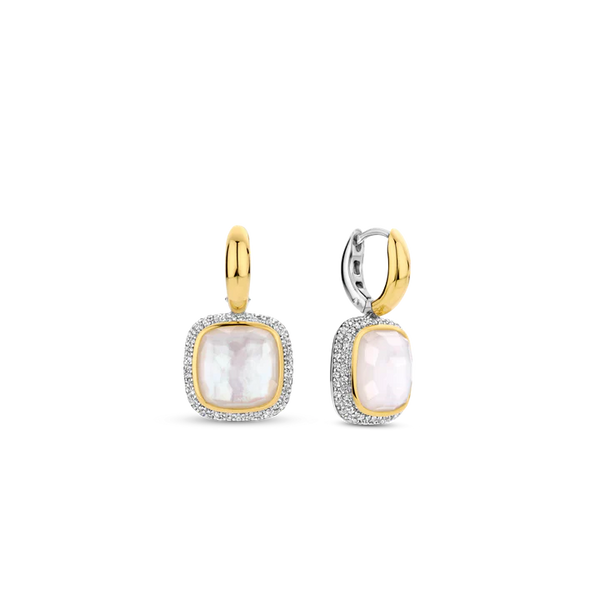 SILVER GOLD PLATED PAVE MOTHER OF PEARL EARRINGS