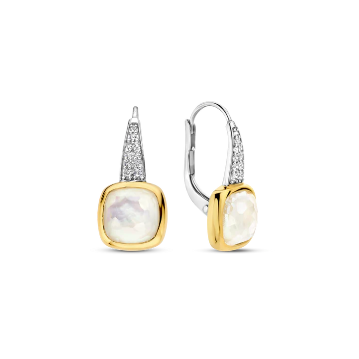 SILVER GOLD PLATED PAVE MOTHER OF PEARL EARRINGS