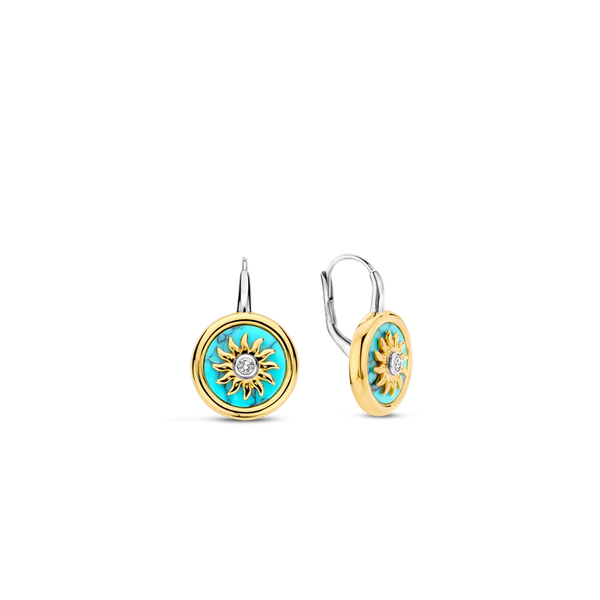 SILVER GOLD PLATED SUN HANDSET A CAPTIVATING TURQUOISE BACKDROP EARRINGS