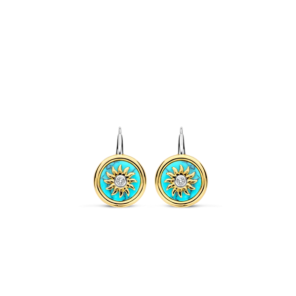 SILVER GOLD PLATED SUN HANDSET A CAPTIVATING TURQUOISE BACKDROP EARRINGS