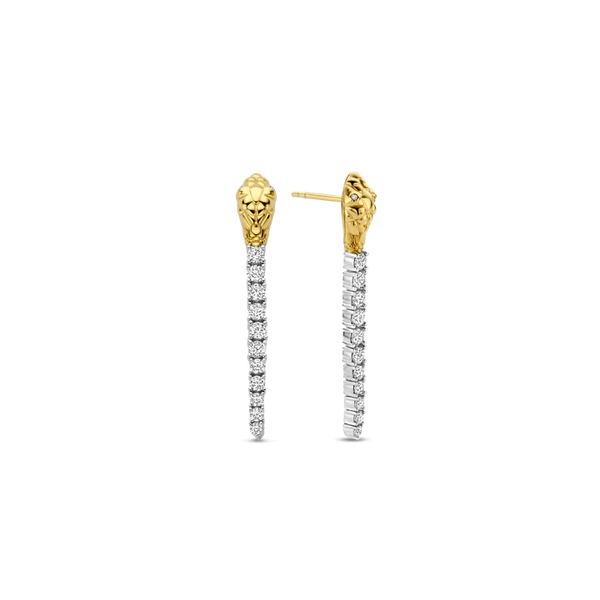 SILVER GOLD PLATED DANGLING SNAKE EARRINGS WITH PAVE ZIRCONIA