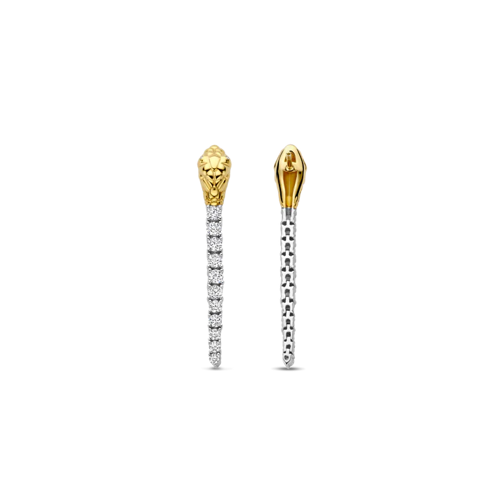 SILVER GOLD PLATED DANGLING SNAKE EARRINGS WITH PAVE ZIRCONIA