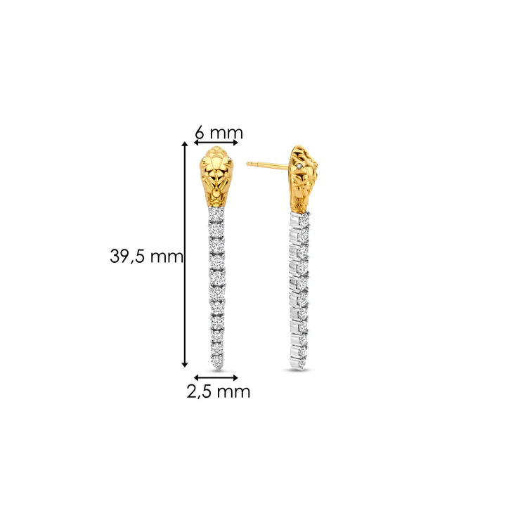 SILVER GOLD PLATED DANGLING SNAKE EARRINGS WITH PAVE ZIRCONIA