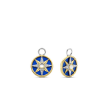 SILVER GOLD PALTED EAR CHARMS MOTHER OF PEARL CENTER, YELLOW GOLD PLATING AND PAVE ON A LAPIS BLUE BACKDROP