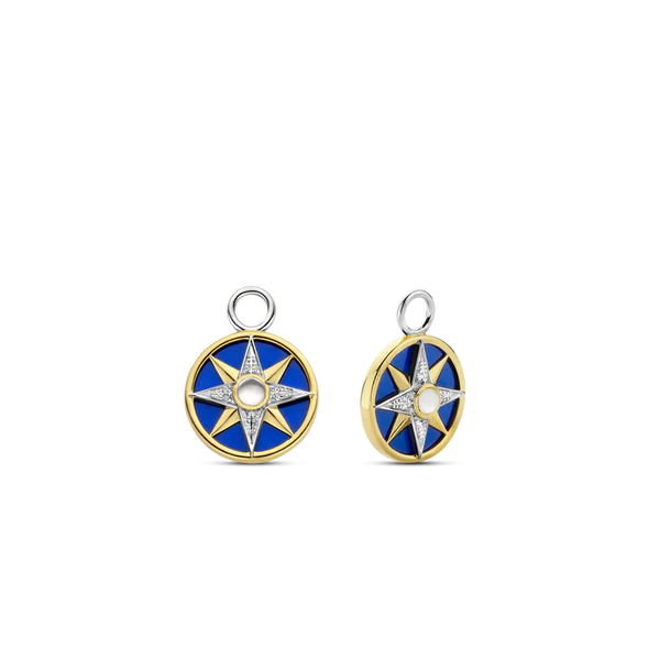 SILVER GOLD PALTED EAR CHARMS MOTHER OF PEARL CENTER, YELLOW GOLD PLATING AND PAVE ON A LAPIS BLUE BACKDROP