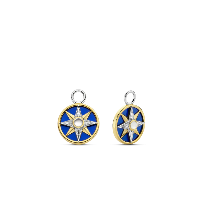 SILVER GOLD PALTED EAR CHARMS MOTHER OF PEARL CENTER, YELLOW GOLD PLATING AND PAVE ON A LAPIS BLUE BACKDROP