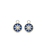 SILVER GOLD PALTED EAR CHARMS MOTHER OF PEARL CENTER, YELLOW GOLD PLATING AND PAVE ON A LAPIS BLUE BACKDROP