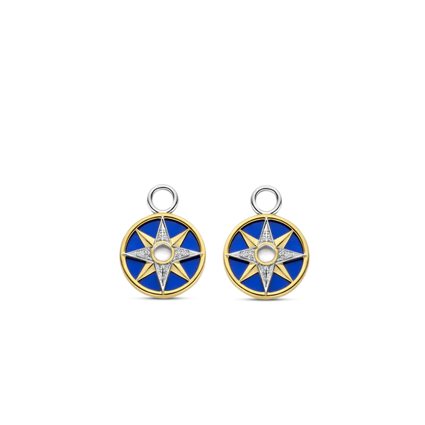 SILVER GOLD PALTED EAR CHARMS MOTHER OF PEARL CENTER, YELLOW GOLD PLATING AND PAVE ON A LAPIS BLUE BACKDROP