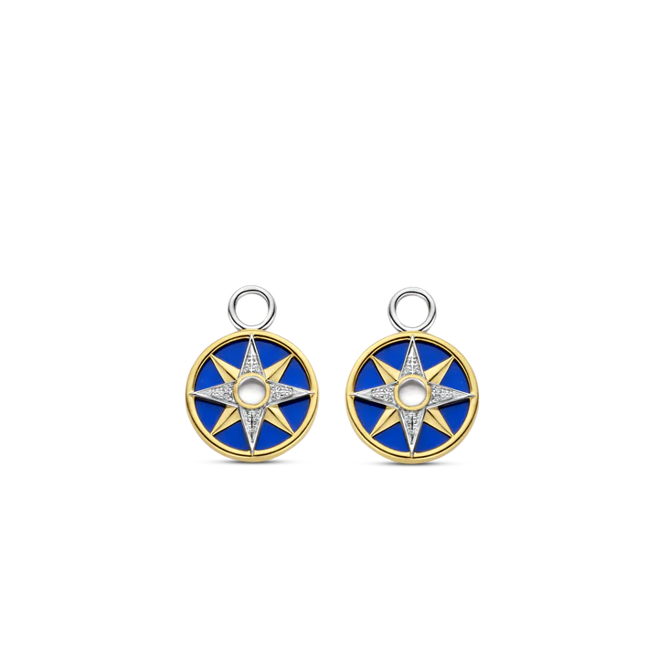 SILVER GOLD PALTED EAR CHARMS MOTHER OF PEARL CENTER, YELLOW GOLD PLATING AND PAVE ON A LAPIS BLUE BACKDROP