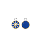 SILVER GOLD PALTED EAR CHARMS MOTHER OF PEARL CENTER, YELLOW GOLD PLATING AND PAVE ON A LAPIS BLUE BACKDROP