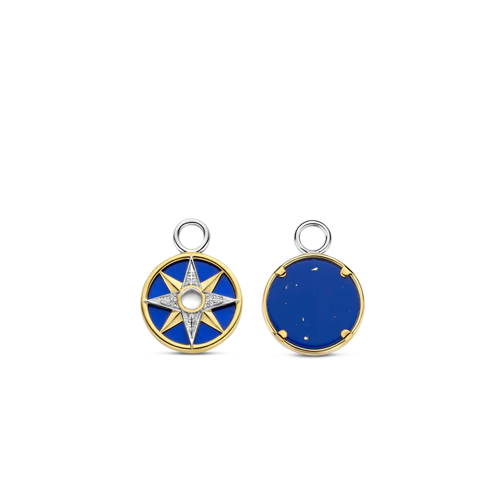 SILVER GOLD PALTED EAR CHARMS MOTHER OF PEARL CENTER, YELLOW GOLD PLATING AND PAVE ON A LAPIS BLUE BACKDROP