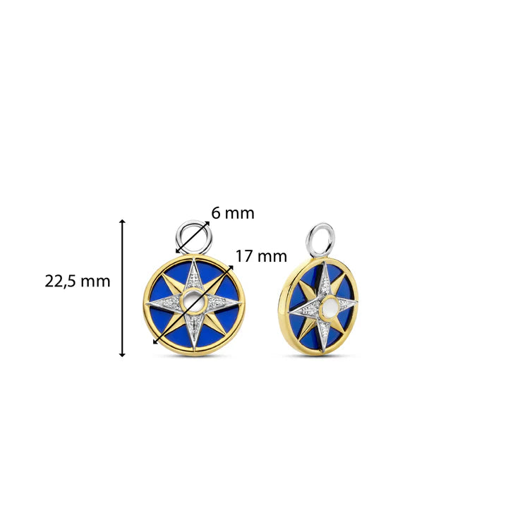 SILVER GOLD PALTED EAR CHARMS MOTHER OF PEARL CENTER, YELLOW GOLD PLATING AND PAVE ON A LAPIS BLUE BACKDROP