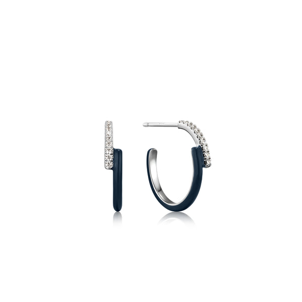 Navy Blue Enamel Silver Sparkle Overlap Hoop Earrings