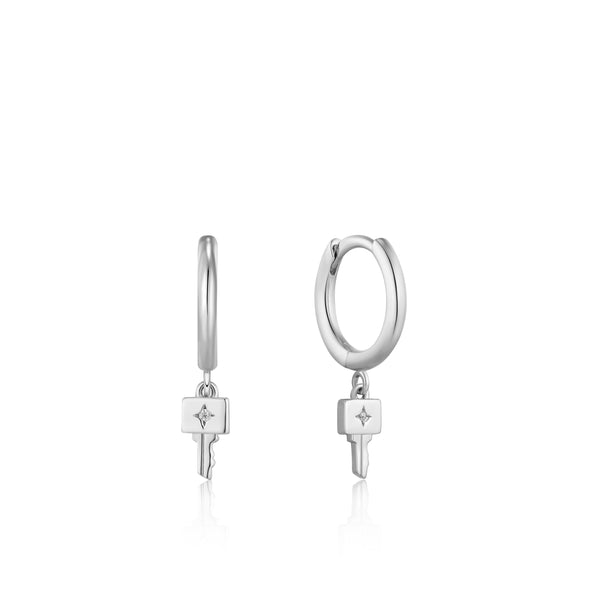 Silver Key Huggie Hoop Earrings