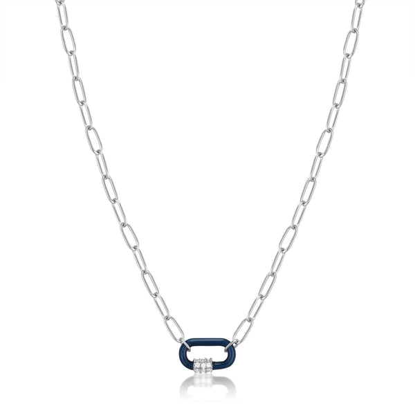 Navy Blue Enamel Carabiner Silver Necklace