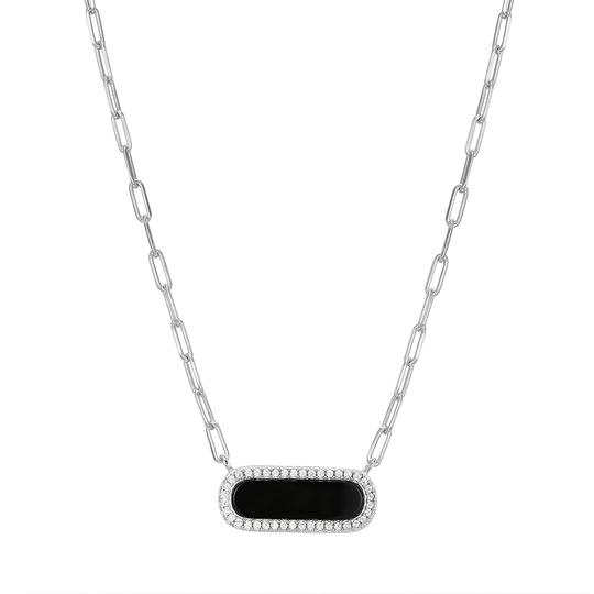 Paperclip 2mm Chain Necklace with Black Onyx and Clear CZ in Center